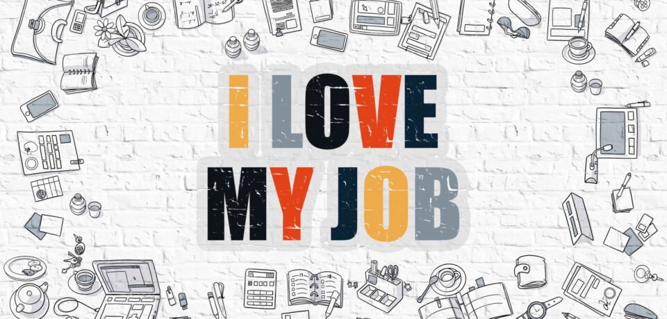 53228902 - i love my job. modern line style illustration. multicolor - i love my job - drawn on white brick wall. doodle icons. doodle design style of  i love my job concept.