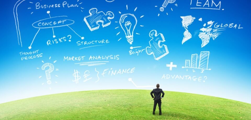 19590194 - business planning concept, businessman looking at plans in the sky