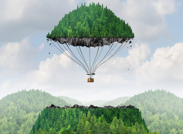 Imagination concept as a person lifting off with a detached top of a mountain floating up to the sky as a hot air balloon as a metaphor for the power of imagining traveling and dreaming of moving mountains.